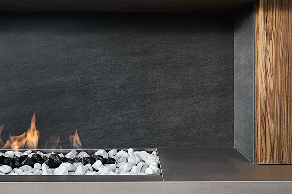 Neolith Aspen Grey Fireplace Sintered Stone Kitchen Benchtops Bathrooms Floors Walls Vanity BBQ Indoor Outdoor CDK Stone